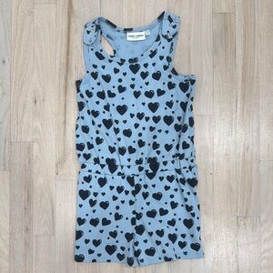 EUC Mini Rodini Organic Heart Print Romper, Blue/Black, sz 128/134 (US 7-9)